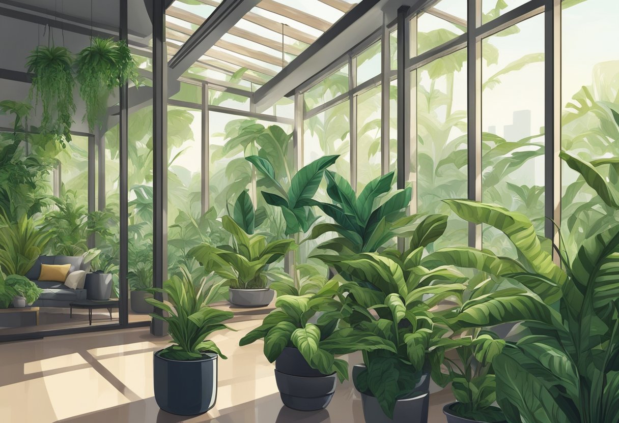 Lush green indoor plants fill a sunlit room in Singapore, with a variety of sizes, shapes, and textures creating a vibrant and peaceful atmosphere