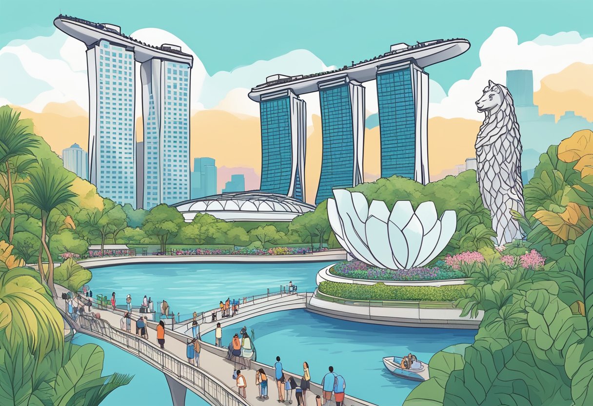 People enjoying iconic attractions in Singapore: Gardens by the Bay, Marina Bay Sands, and the Merlion statue