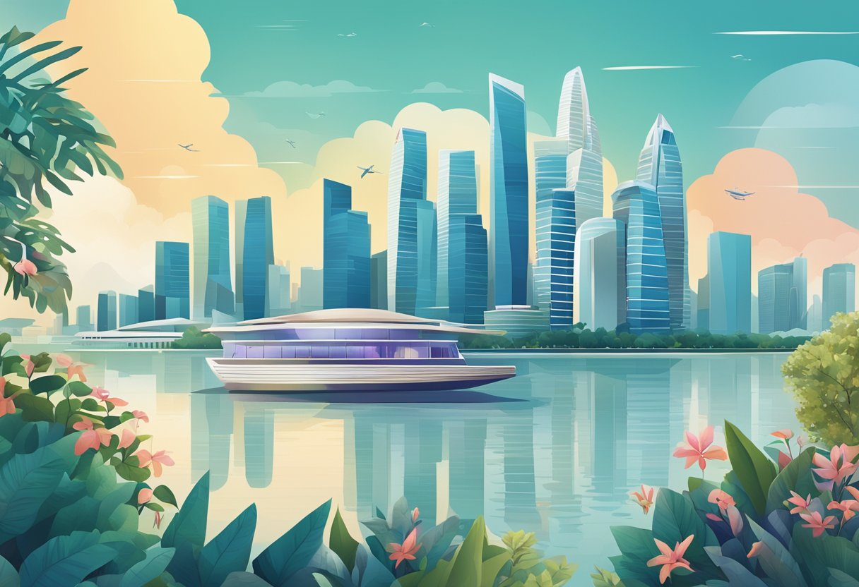 A bustling cityscape with iconic landmarks like the Marina Bay Sands and the futuristic skyline of Singapore