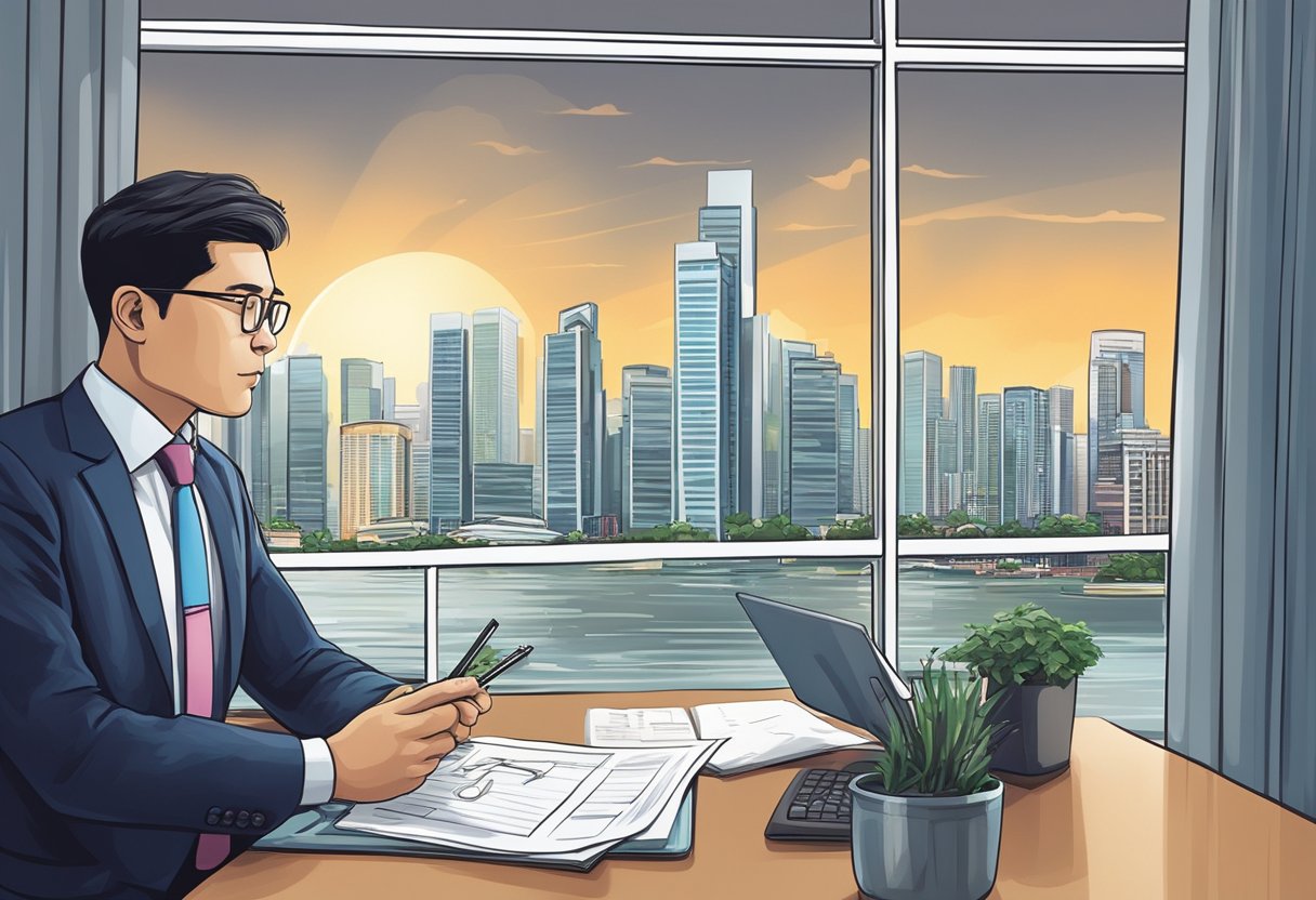 A businessman in Singapore calculates capital gains tax on his investment portfolio. The skyline of the city is visible through the window, indicating the urban financial setting
