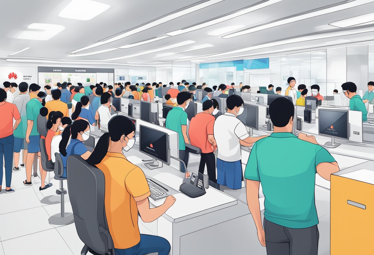 A bustling Huawei service center in Singapore, with customers being assisted by staff, while others wait in line for their turn