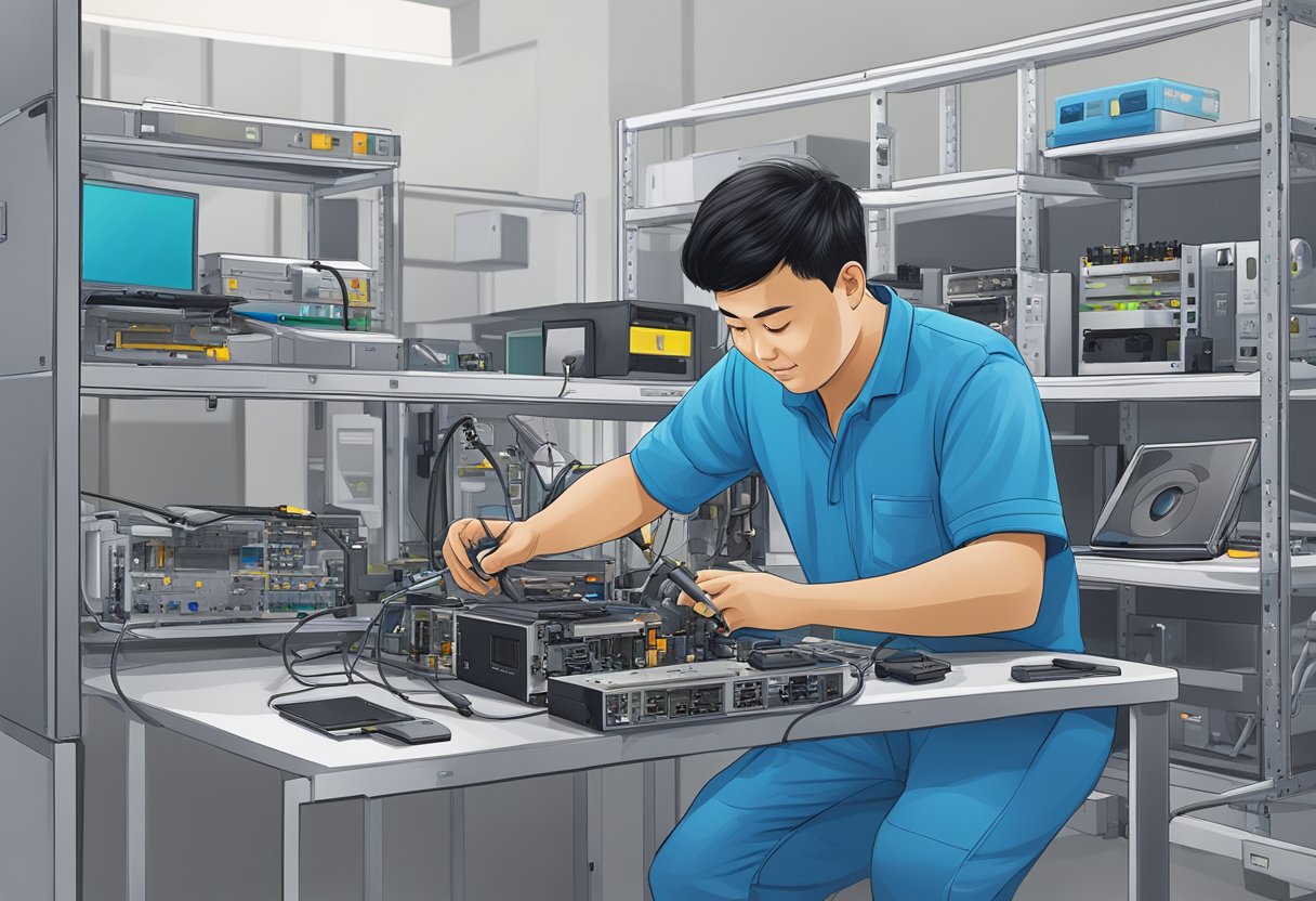 A technician repairing a Huawei device at a service center in Singapore
