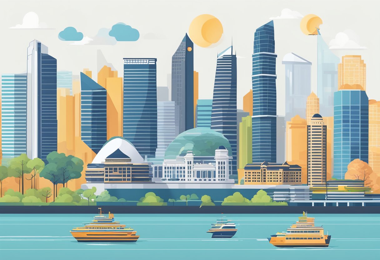 A skyline of Singapore with iconic landmarks and financial buildings, accompanied by a graph showing fluctuating capital gains tax rates