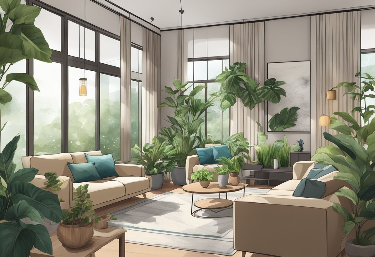 A cozy living room with a variety of lush indoor plants placed strategically around the space, adding a touch of greenery and freshness to the Singapore home