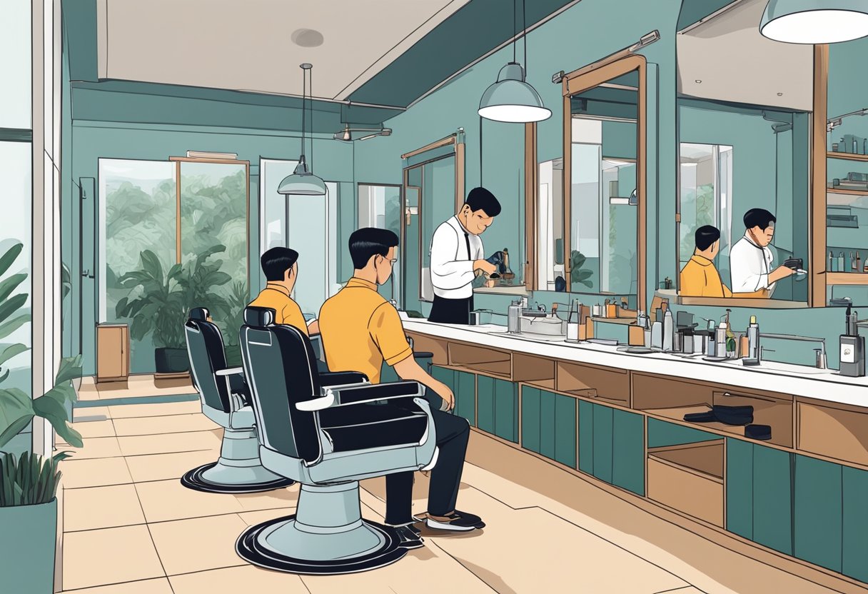 A barber in Singapore carefully trims a customer's hair in a modern, sleek salon. The barber's tools are neatly organized on the counter, and the salon is filled with the sound of buzzing clippers and quiet conversation