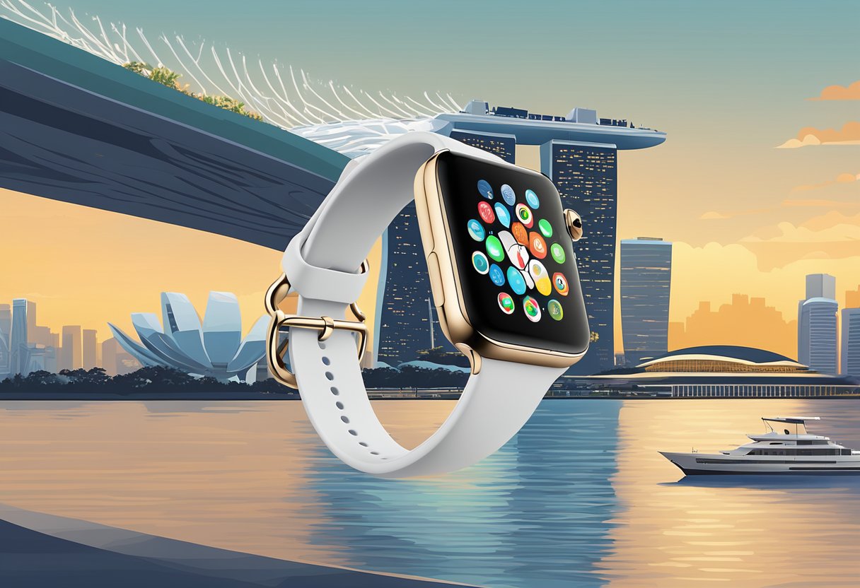 The Apple Watch displayed against the backdrop of Singapore's iconic skyline, with the Merlion and Marina Bay Sands in the background