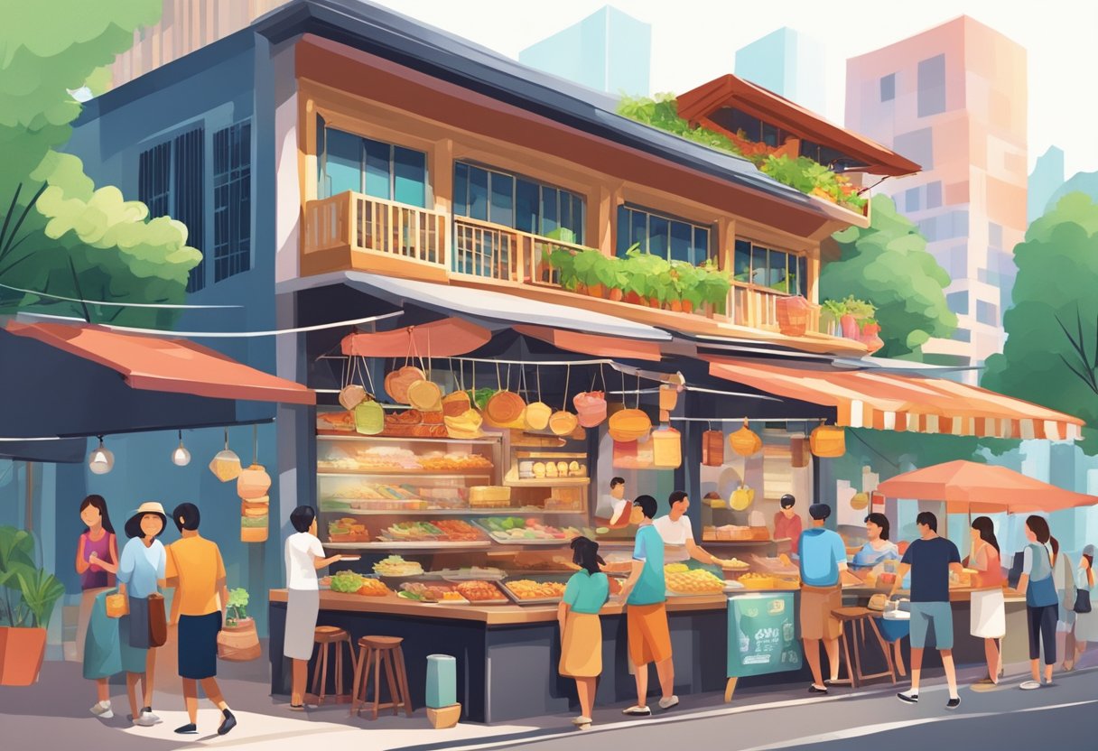 People enjoying culinary delights and shopping in Singapore. Street food stalls, bustling markets, and colorful storefronts create a vibrant scene