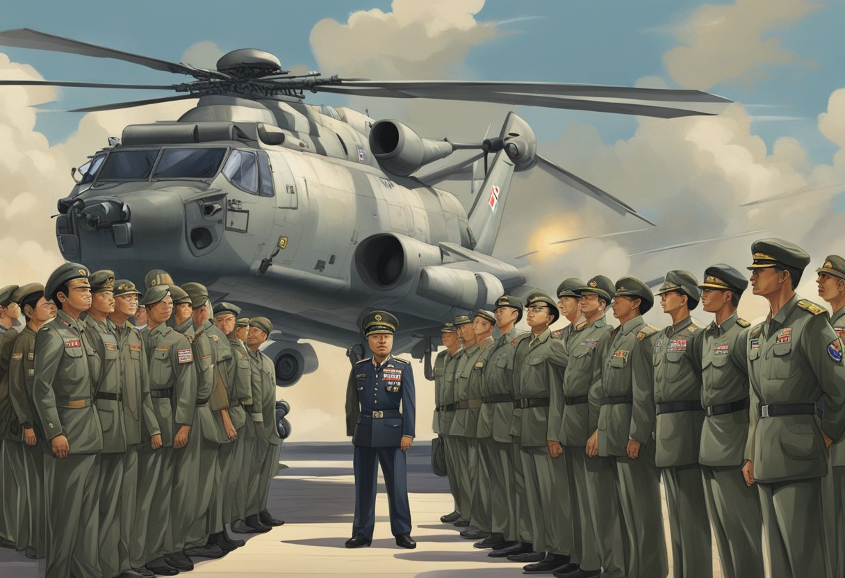 The Chief of Defence Singapore stands tall, surrounded by military personnel and equipment, exuding strength and authority