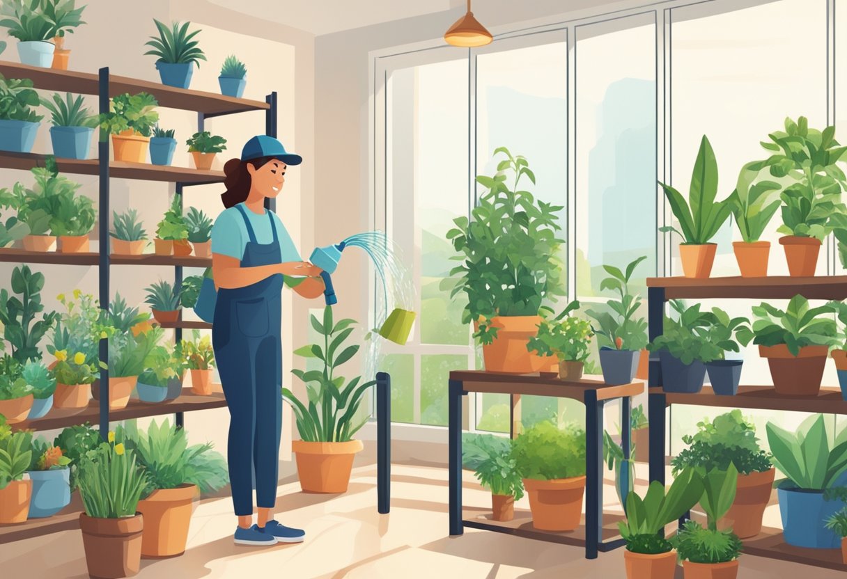 A person watering and pruning indoor plants in a well-lit room with shelves of potted plants and gardening tools