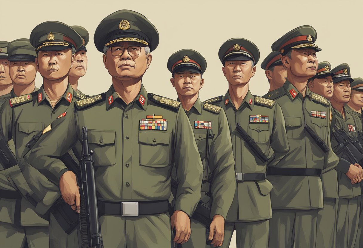 The chief of defense in Singapore stands at attention, overseeing military operations with a stern and commanding presence