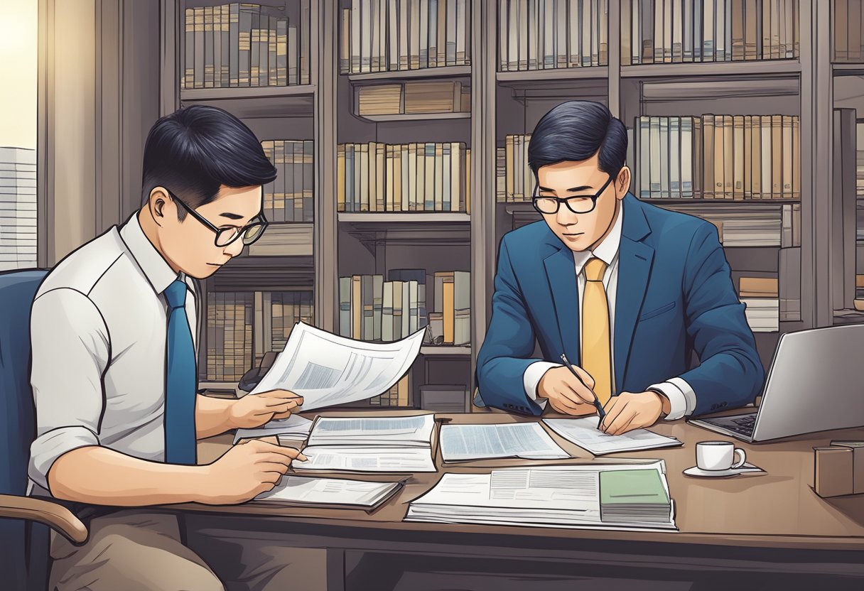Taxpayers reviewing tax laws, documents, and financial records for compliance with capital gains tax in Singapore