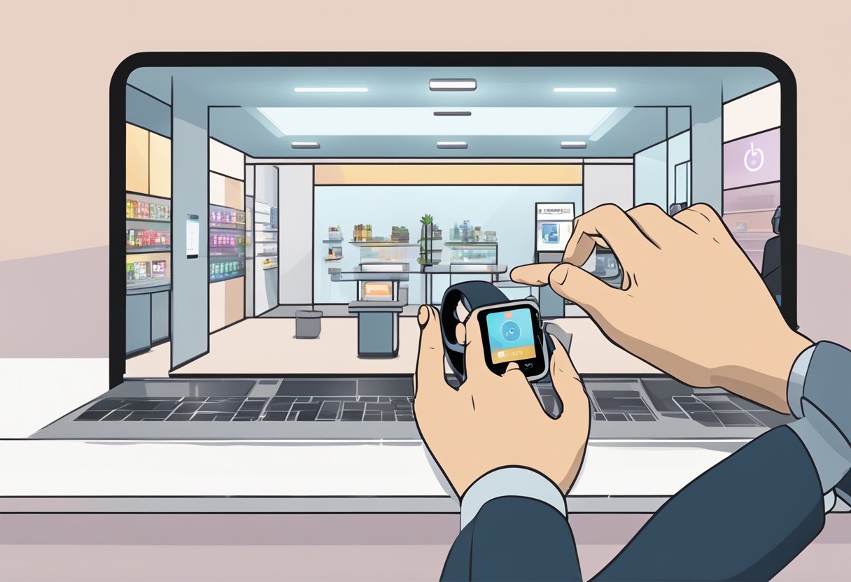A hand reaching out to buy an iWatch in a sleek Singapore store