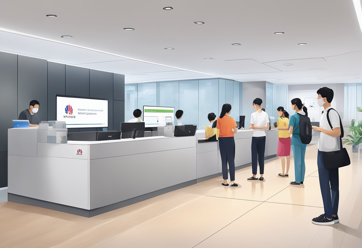 Customers waiting in line at the Huawei service center in Singapore, with a reception desk and staff assisting at the front