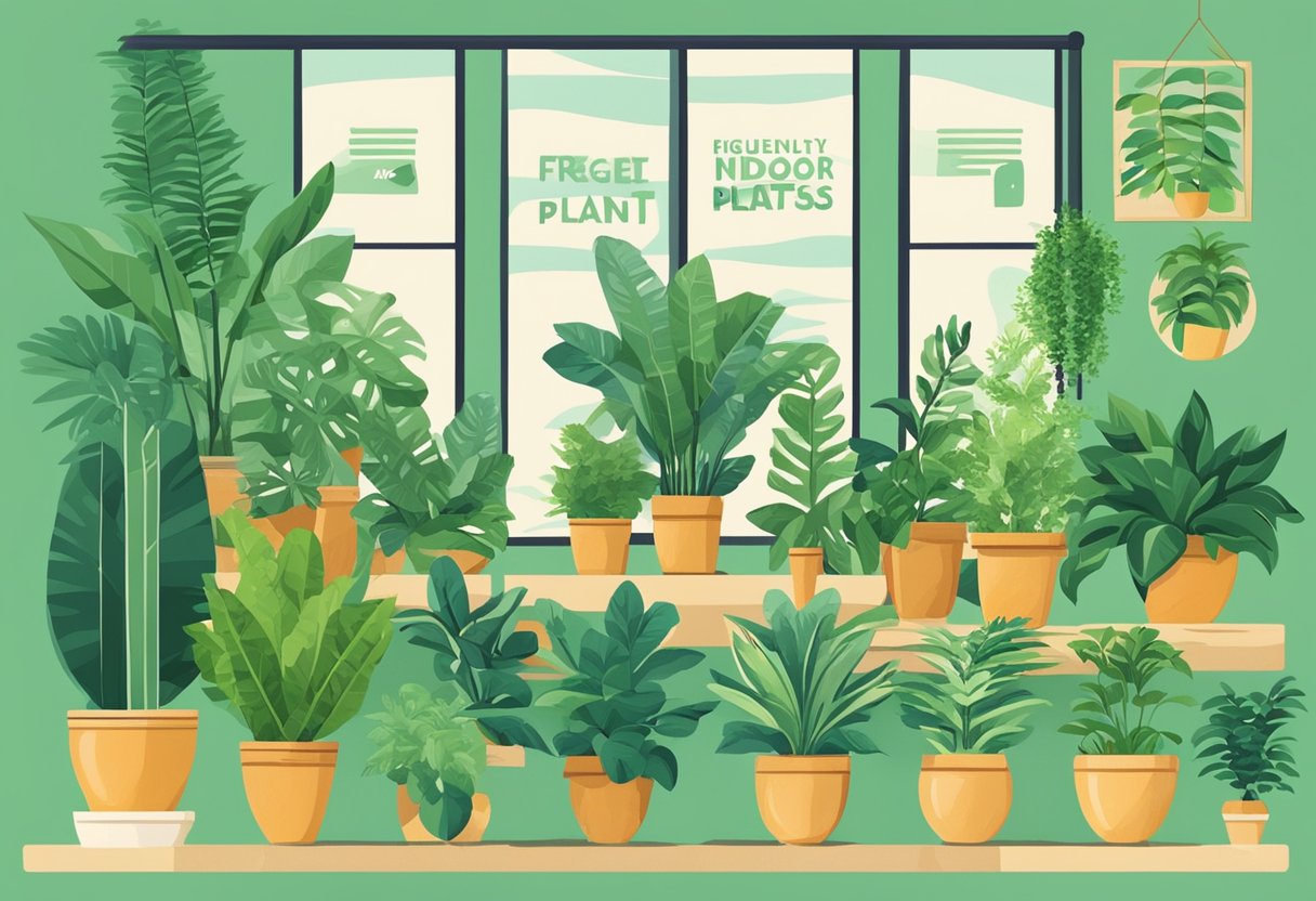 Lush green indoor plants arranged neatly in pots, with a sign reading "Frequently Asked Questions about indoor plants Singapore" displayed prominently