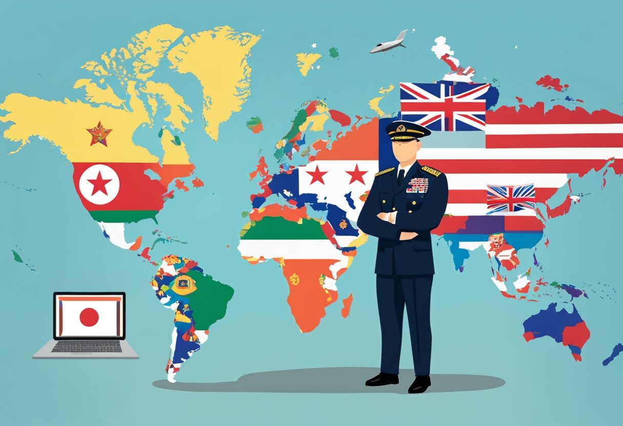 The Defence and International Relations chief of defence in Singapore stands confidently in front of a world map, surrounded by flags of various nations