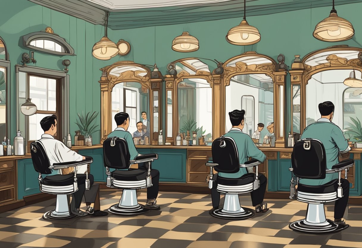 Customers sit in vintage barber chairs, surrounded by antique mirrors and retro decor. Barbers meticulously groom and style hair in a bustling Singapore barbershop