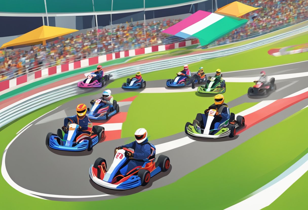 People racing go-karts on a track in Singapore. Brightly colored karts zoom around sharp turns, with spectators cheering from the sidelines