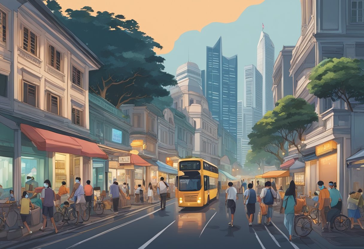 A bustling Singapore street with iconic landmarks under a darkening sky, with people wearing masks and maintaining social distance