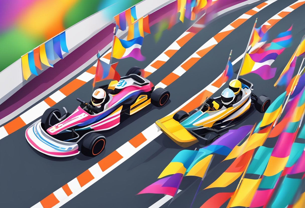 Racing karts zoom around a vibrant track, surrounded by cheering spectators and colorful flags, in a bustling karting venue in Singapore