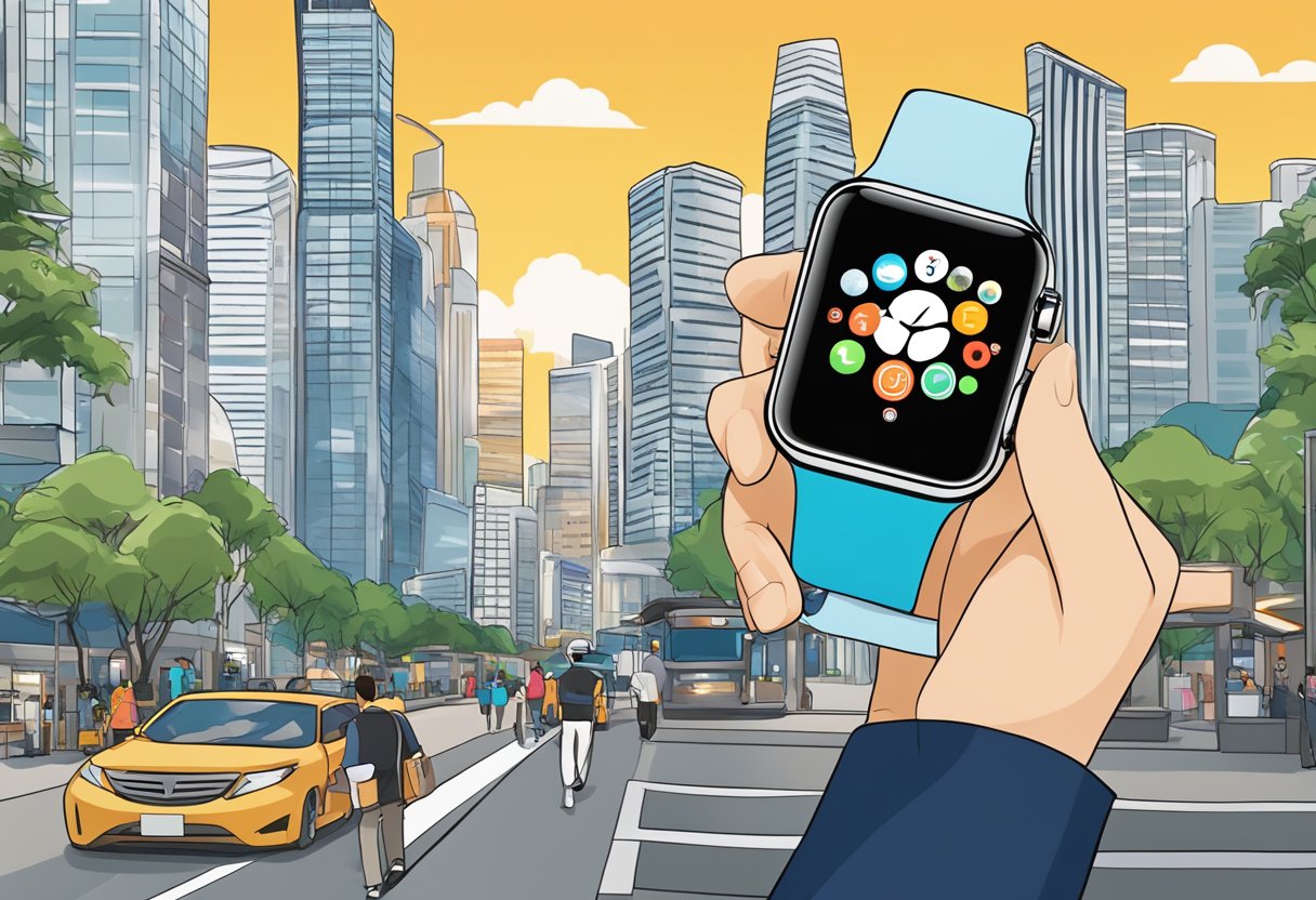 A person wearing an iwatch in a bustling Singapore cityscape, with iconic landmarks in the background