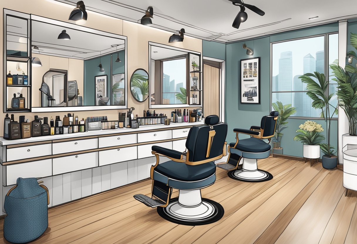A barber's station with modern grooming products and trendy decor in Singapore
