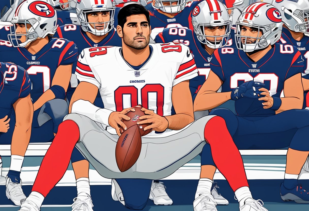 Jimmy Garoppolo sits on the sidelines, surrounded by coaches and teammates. He listens intently, nodding as the coach gestures and speaks