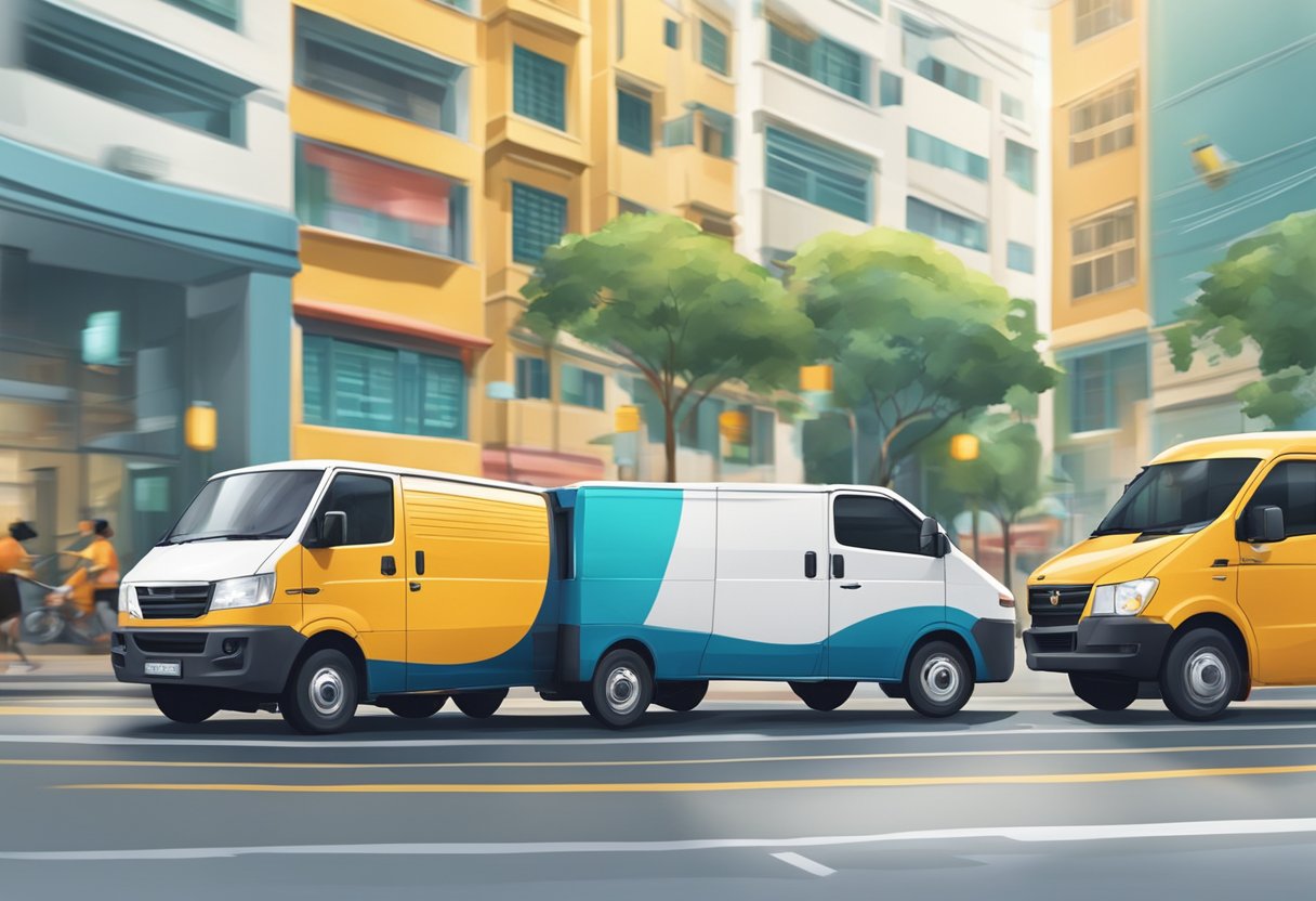 A courier van speeds through the bustling streets of Singapore, weaving through traffic and delivering packages with efficiency and precision