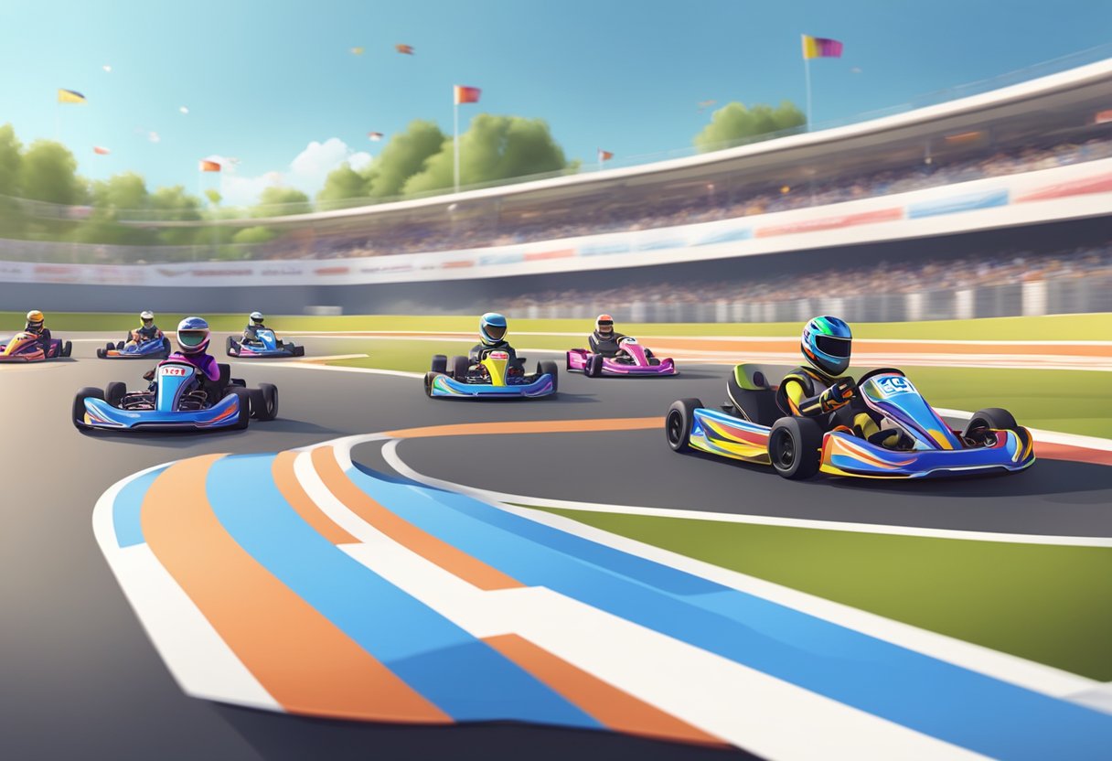 A karting track with colorful barriers and sleek karts zipping around sharp corners, with excited spectators cheering from the sidelines