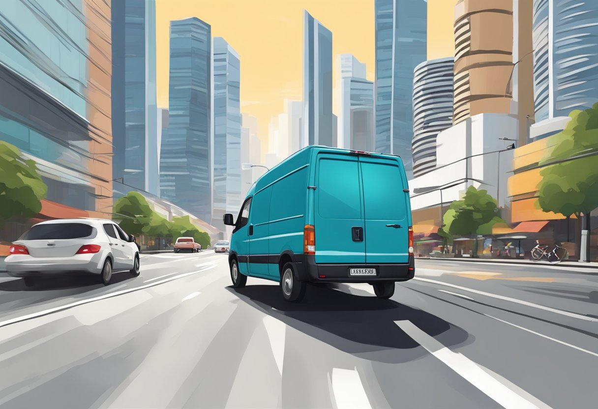 A courier van speeds through Singapore's bustling streets, delivering packages with precision and speed. The iconic skyline looms in the background, showcasing the city's modernity and efficiency