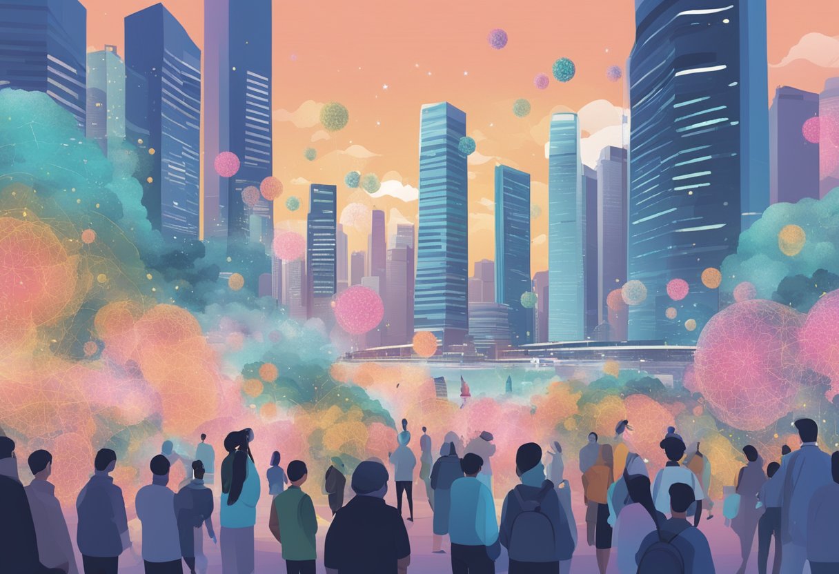 A crowded city with masked individuals, virus particles in the air, and a map of Singapore with Omicron hotspots highlighted