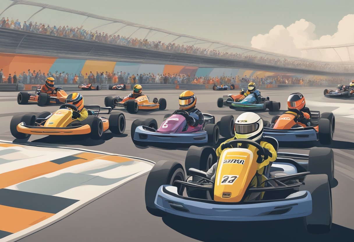 A group of people gather around a karting track, chatting and preparing for their races. The sound of revving engines fills the air as they eagerly await their turns on the track