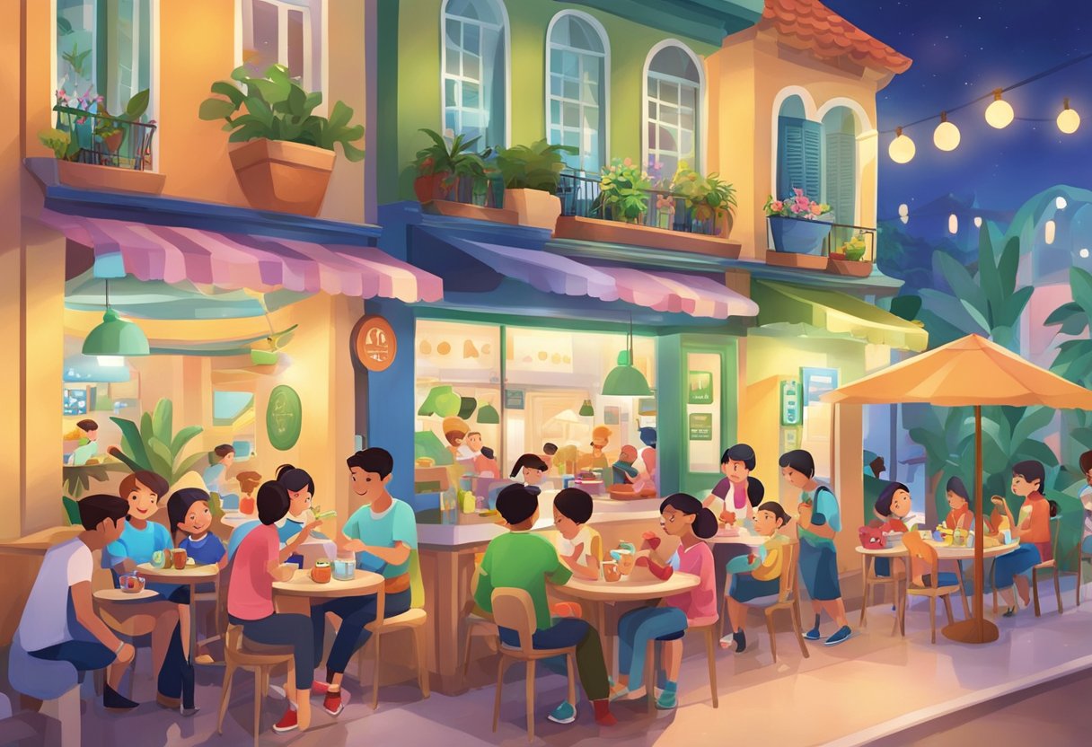 A bustling cafe in Singapore with a vibrant cocomelon theme, featuring colorful decor, playful characters, and families enjoying food and drinks