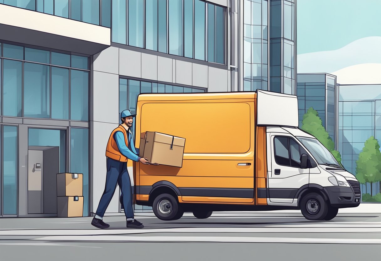 A courier van parked outside a modern office building, with a delivery person holding a package and talking to a customer