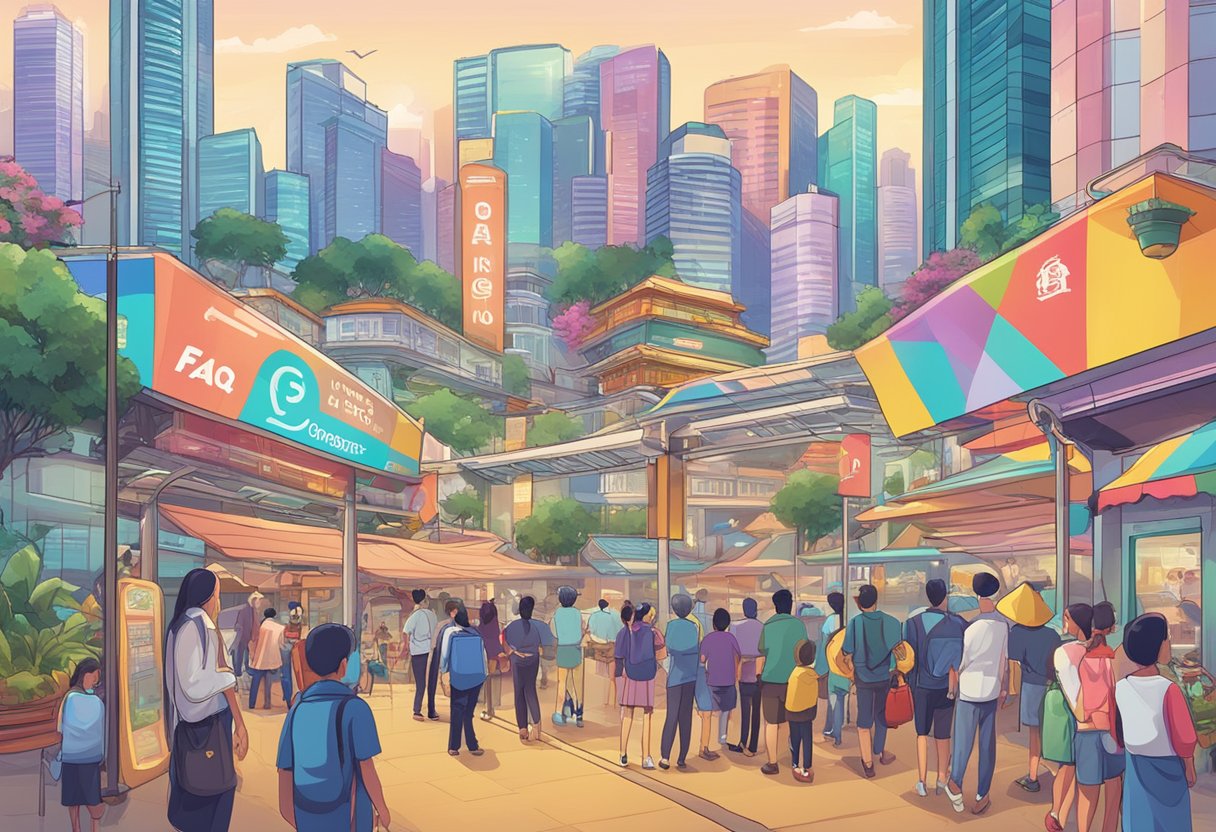 A colorful FAQ sign with "Singapore Omicron" prominently displayed, surrounded by curious onlookers and a bustling city backdrop
