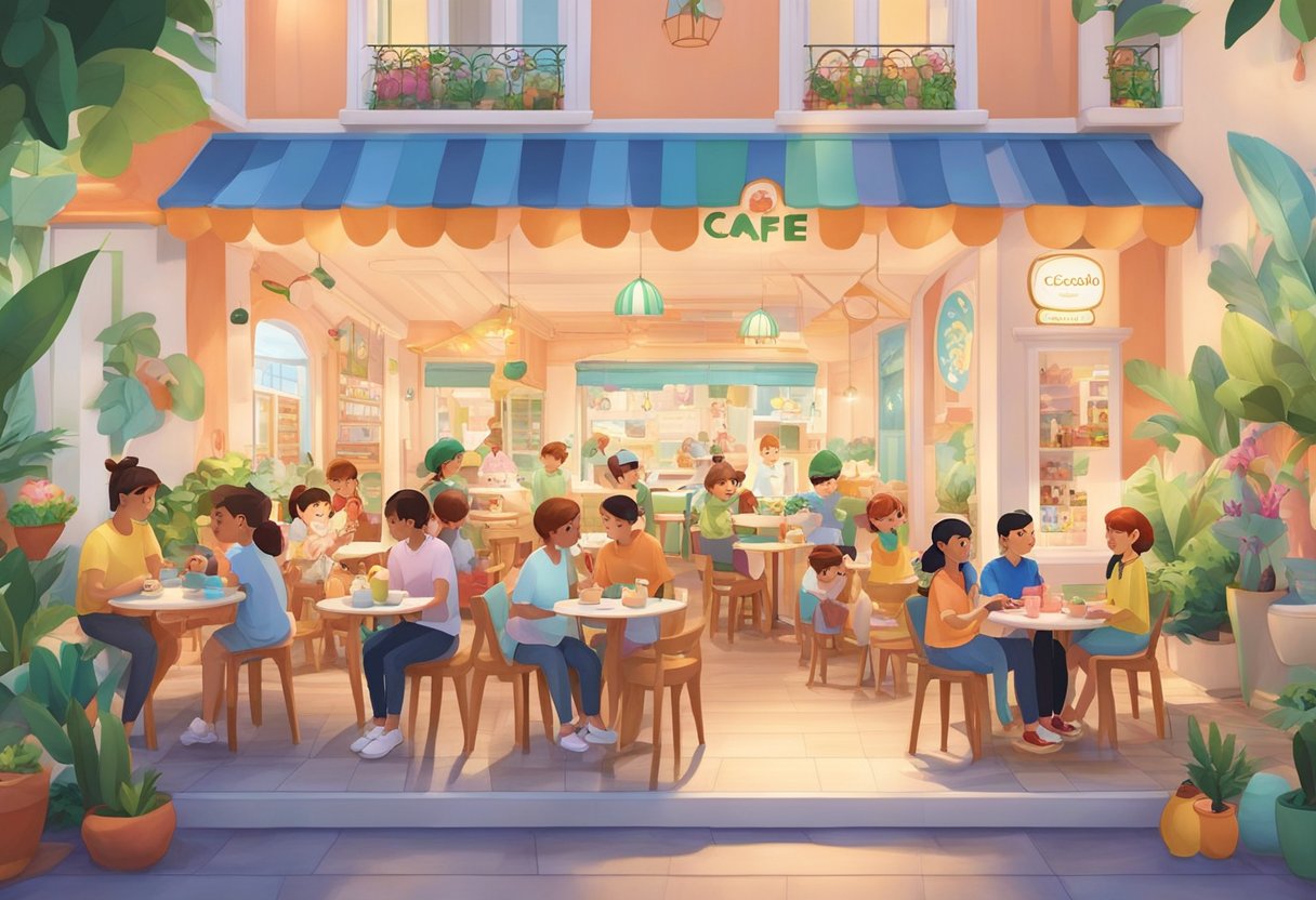 Customers enjoying colorful decor, giant cocomelon characters, and themed desserts at Cocomelon Cafe Singapore