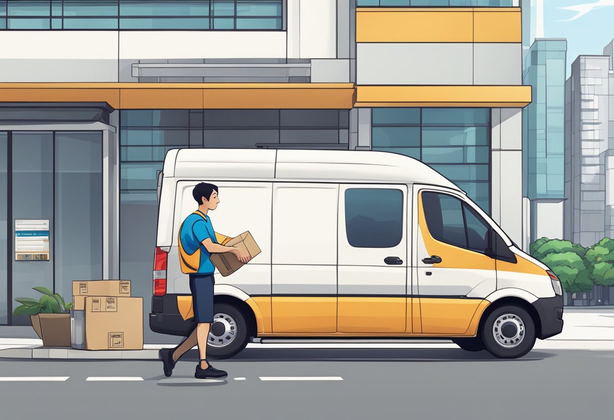 A courier van parked outside a Singapore office building, with a delivery person handing a package to a smiling customer