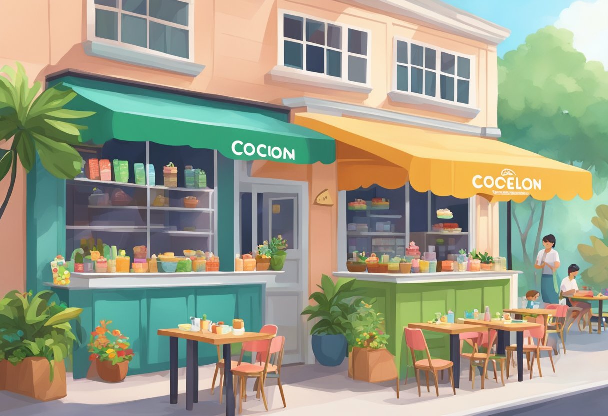 The bustling Cocomelon Cafe in Singapore features colorful decor, cozy seating, and a variety of delicious treats on display