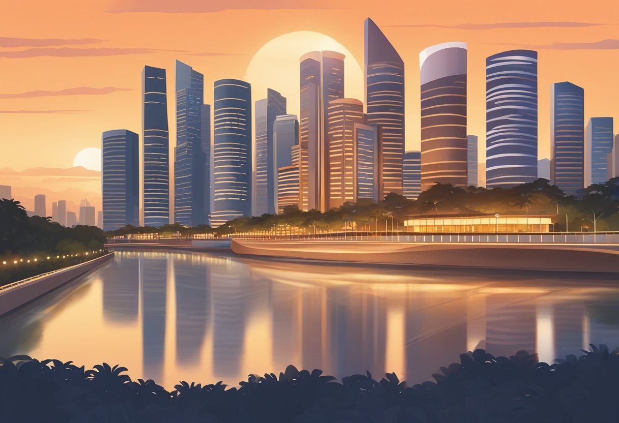 The iconic copper chimney of Singapore stands tall against the city skyline, reflecting the warm glow of the setting sun