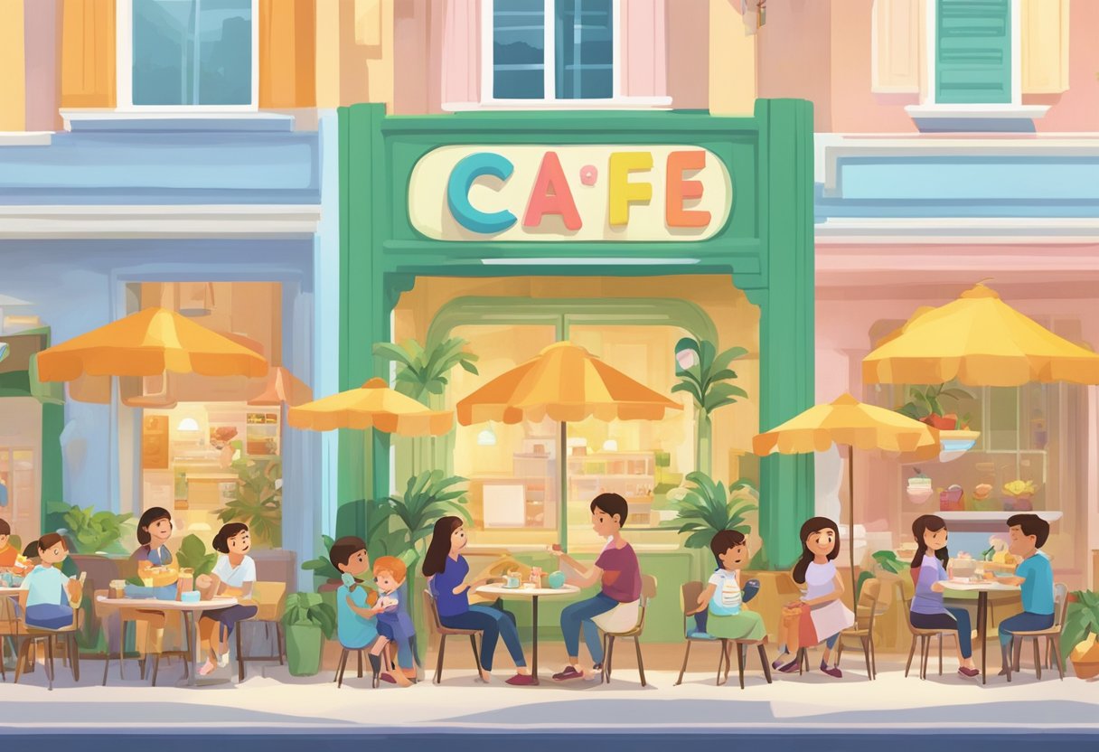 The bustling Cocomelon Cafe in Singapore, with colorful decor and families enjoying treats, while staff answer frequently asked questions