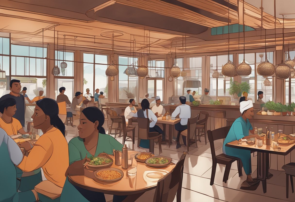 A bustling restaurant with copper accents, open kitchen, and diners enjoying Indian cuisine