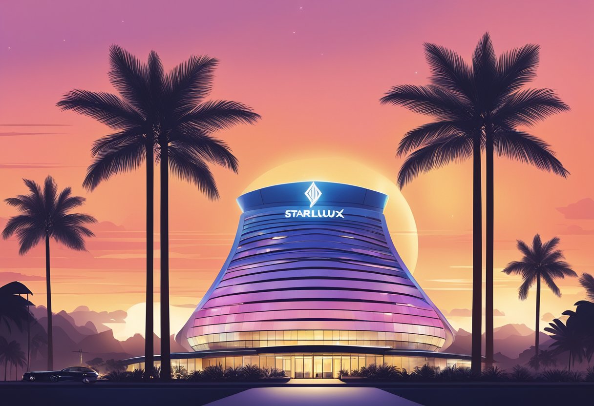 The iconic silhouette of the Starlux Singapore hotel against a vibrant sunset sky, with its sleek modern architecture and dazzling lights