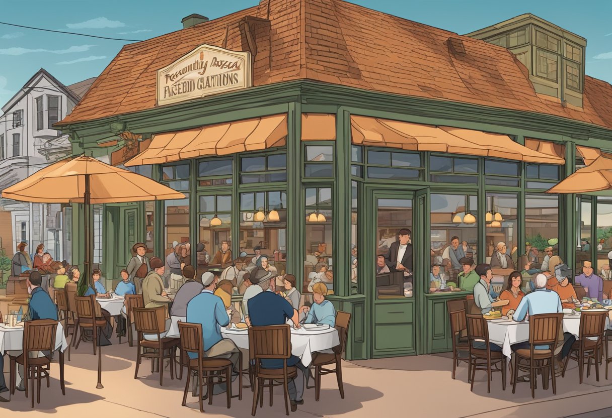 A bustling restaurant with a prominent sign reading "Frequently Asked Questions" and a copper chimney in the background. Tables and chairs filled with diners enjoying their meals