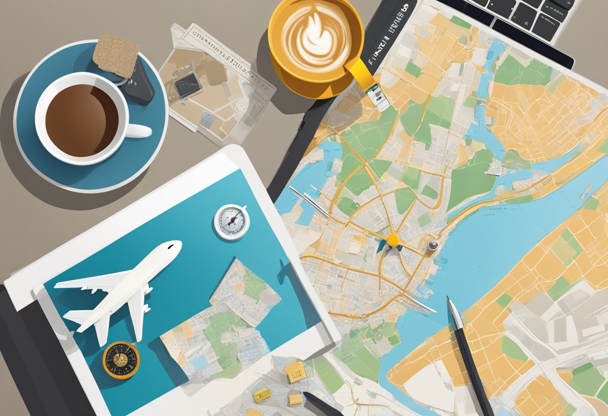 A map of Singapore with a compass, travel guide, and airplane tickets laid out on a table, surrounded by a laptop and a cup of coffee