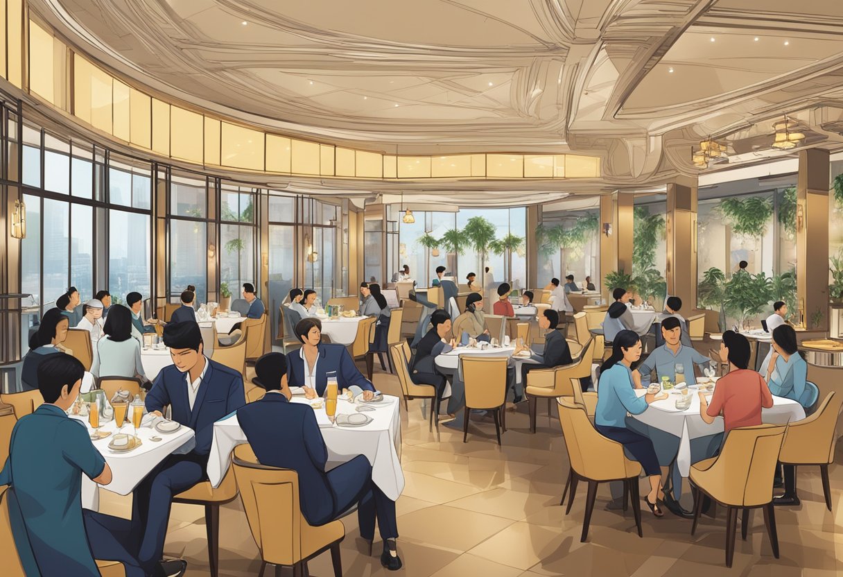 A bustling restaurant with the Diners Club Singapore logo prominently displayed, diners enjoying their meals, and waitstaff attending to tables