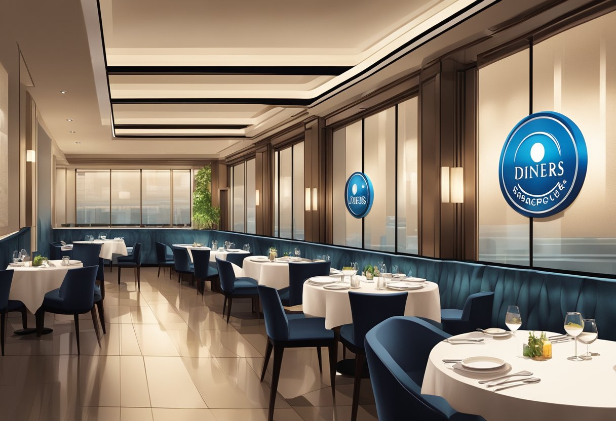 A sleek and modern restaurant interior with the Diners Club Singapore logo prominently displayed. Elegant tables and chairs are arranged neatly, and soft lighting creates a warm and inviting atmosphere