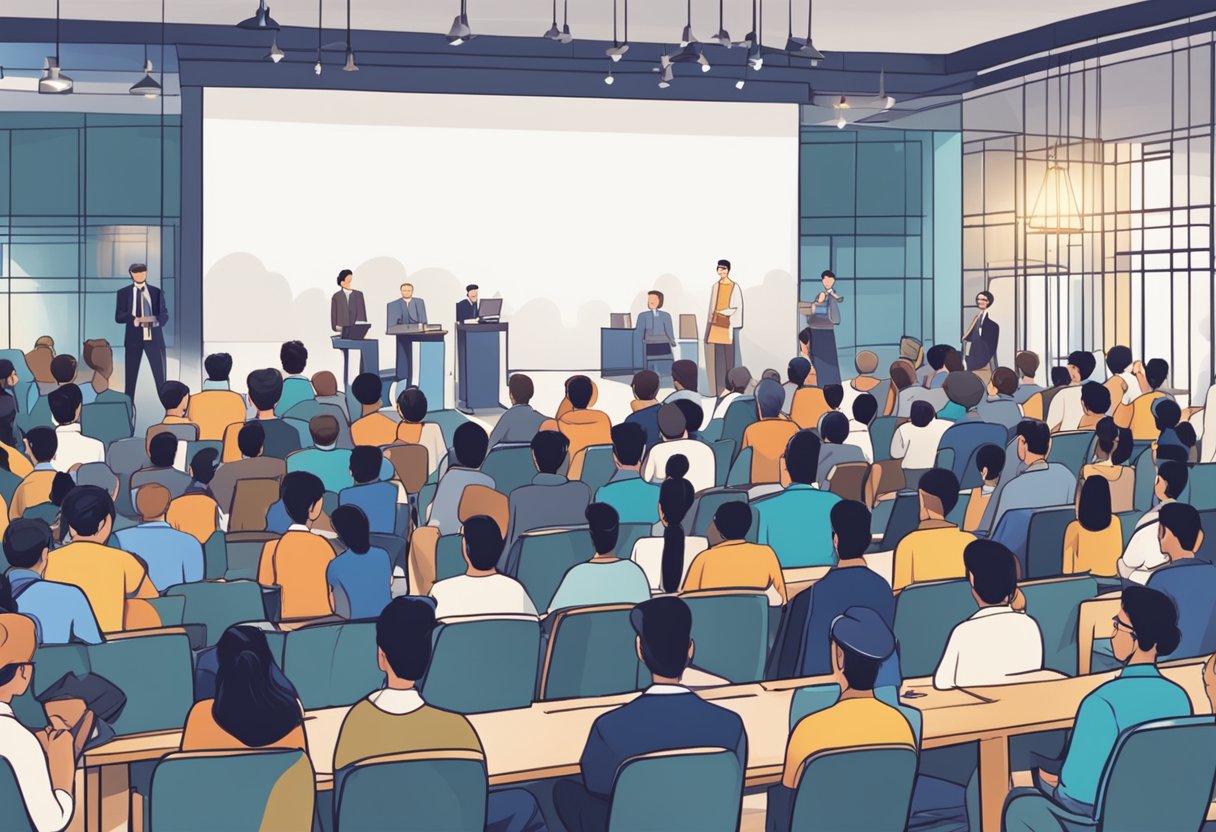 A crowded room with people asking questions, a prominent sign reading "Frequently Asked Questions" and the Starlux Singapore logo