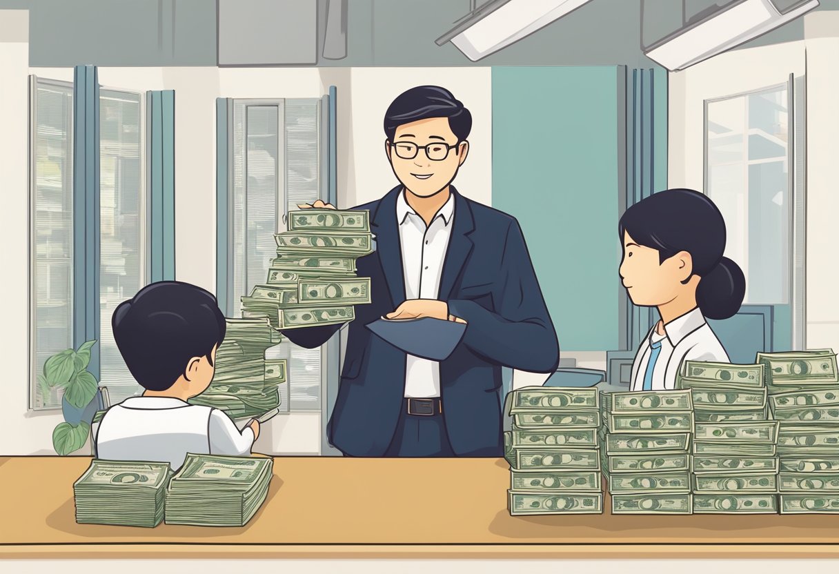 A teacher in Singapore receives a monthly salary, represented by a stack of cash or a paycheck, with the country's currency and a school emblem
