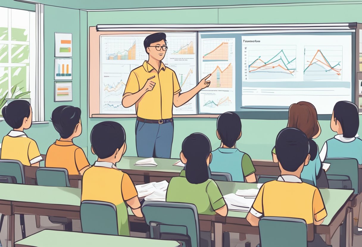 A teacher stands in front of a classroom, pointing to a chart showing the breakdown of teacher salaries in Singapore. The room is filled with attentive students, eager to learn about the topic
