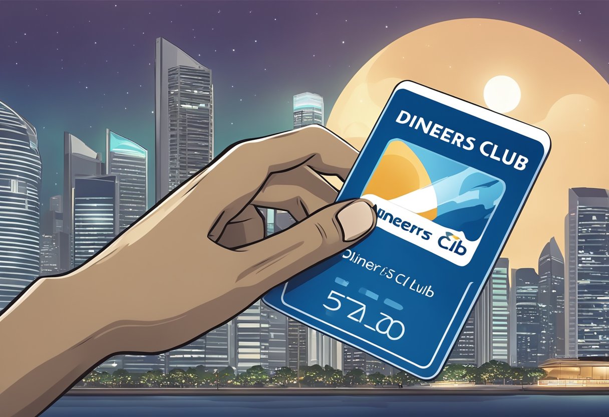 A hand holding a Diners Club Card, with a sleek and modern design, against a backdrop of the Singapore skyline at night