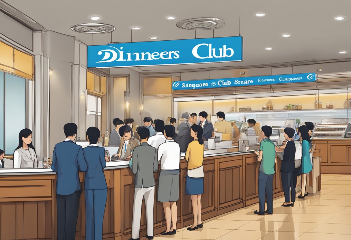 Customers lining up at a Diners Club Singapore counter, staff answering questions, logo displayed prominently